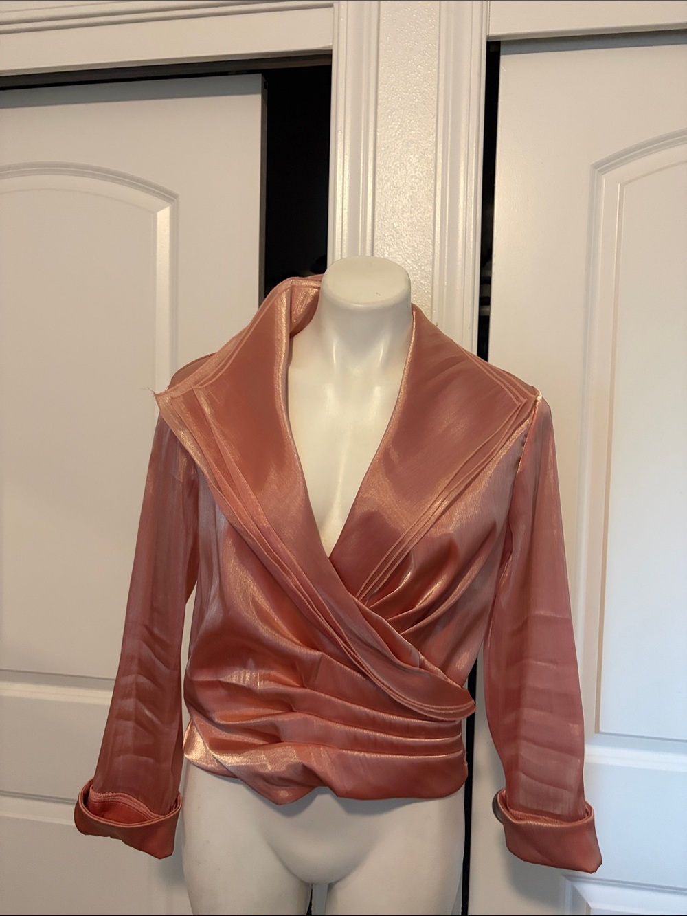 Cachet Rose Gold Satin Wrap Blouse